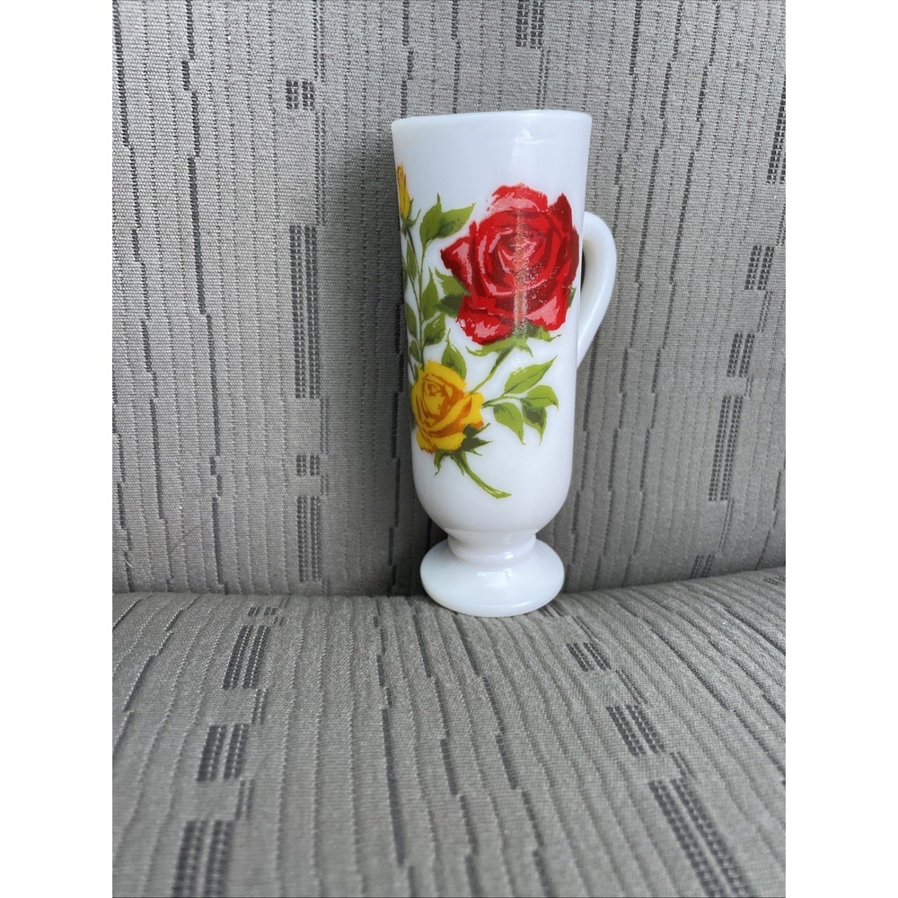 Vintage AVON Milk Glass Red Yellow Roses Handled Footed Flower Vase 5"‎